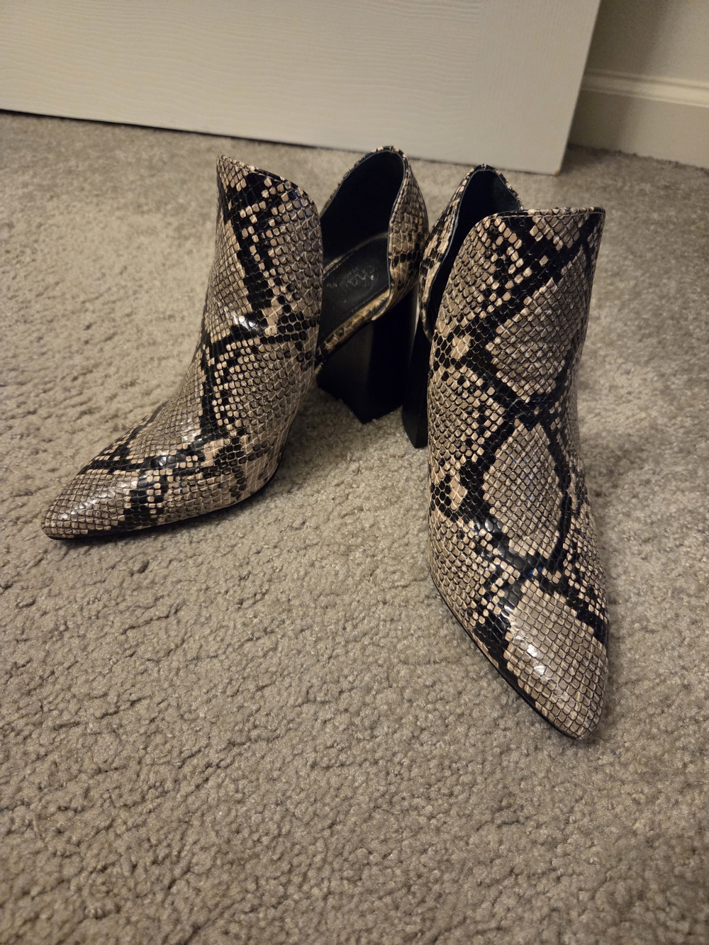 Charles By Charles David Snake-Print Pointed Booties in Beige and Black